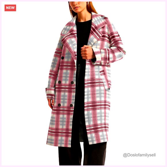 Jackets & Blazers - Long Wool Plaid Pea Coat Double Breast Midi Trench Overcoat with Belt